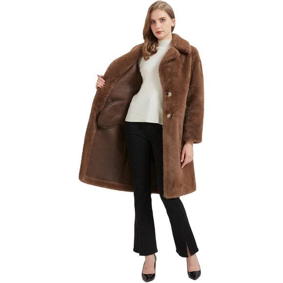 Faux Fur Thick Fuzzy Long Teddy Bear Coat Medium Coffee Brown Faux Suede Lined - Picture 2 of 4